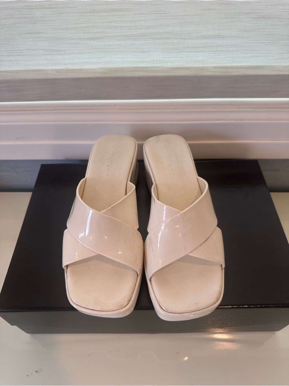 Jeffrey Campbell Cream Patent Crossband Slide Mules